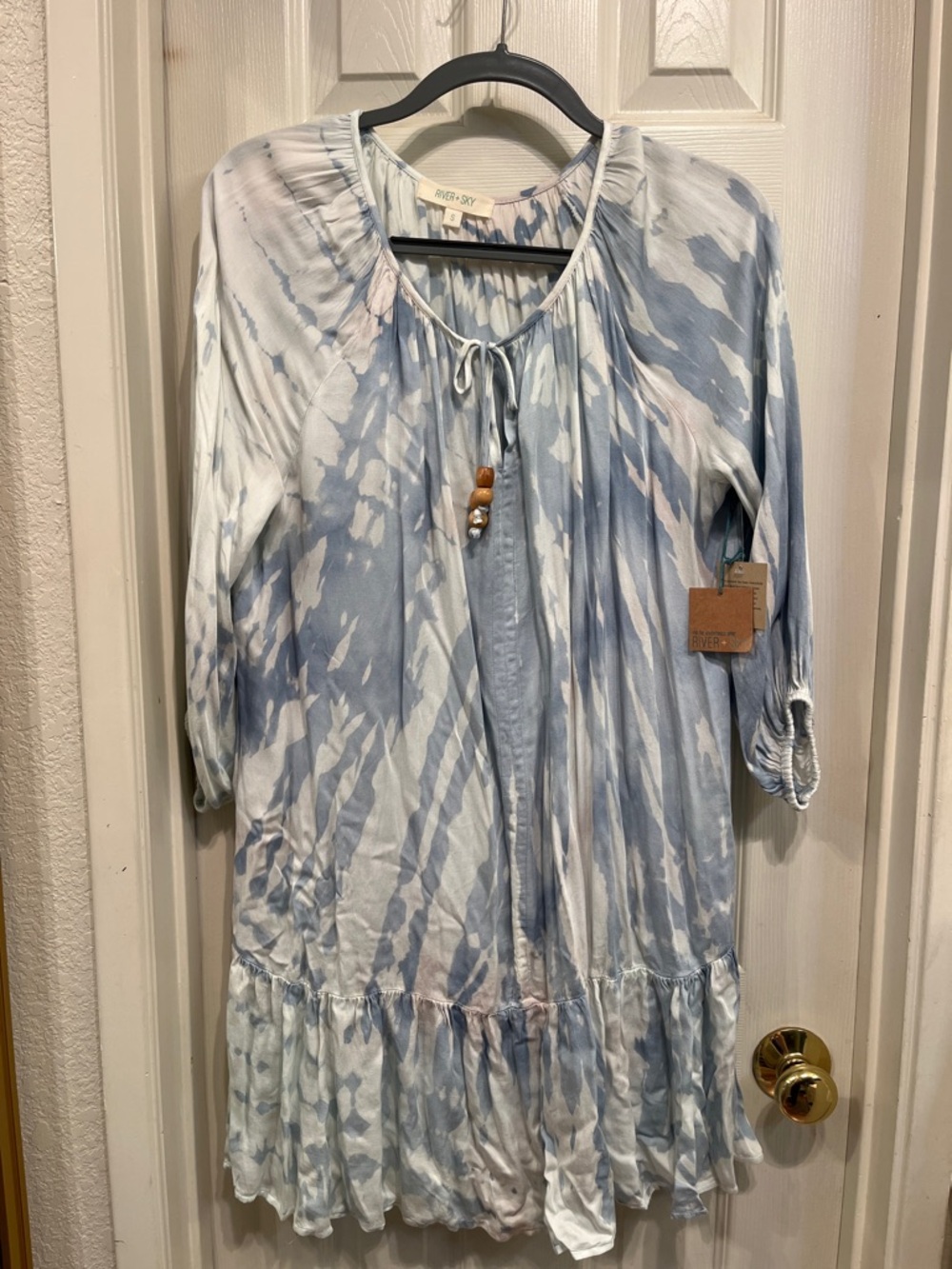River + Sky Blue and White Tie-Dye Ruffle Tunic Dress size Large New